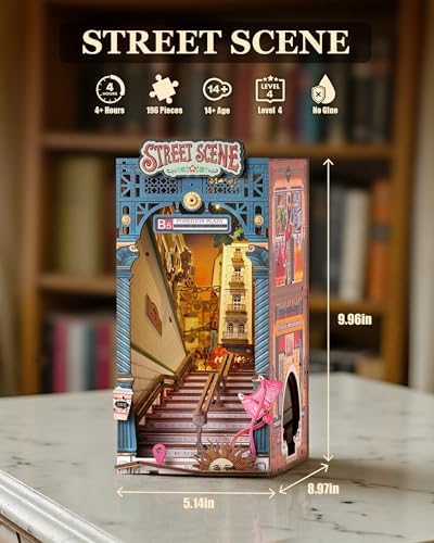 Rolife DIY Book Nook Kits for Adults, Miniature Dollhouse Booknook Kit, 3D Wooden Puzzle Creative Decorative Bookends Bookshelf Diorama Insert Crafts Hobbies Gifts (Street Scene) - Image 2