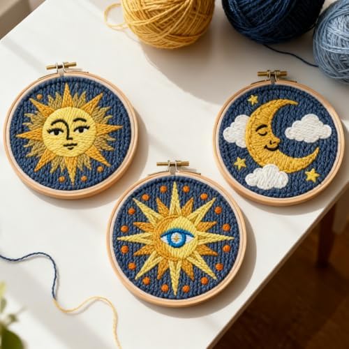 INFUNLY 3 Set Sun Moon Punch Needle Kits for Beginner Adult Star DIY Punch Needle Embroidery Starter Kit for Wall Hanging Evil Eye Needles Stitching Kit with Instruction for DIY Crafts Gift Home Decor - Image 4