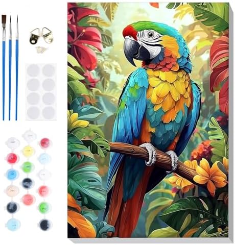 Bowetile Framed Paint by Numbers Parrote for Adults Beginners, Adults' Paint-by-Number Birds Kits, Easy Adult Paint by Number Kits on Canvas, Acrylic Animals Number Painting for Home Decor, 8x12in by BOWETILE