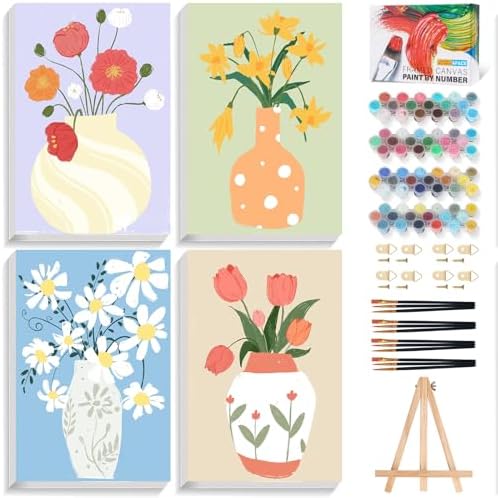 4 Pack Framed Paint by Numbers Kit for Adults Beginner with Wooden Easel, Flowers Vase Easy Adult Paint by Number Kits with Frame, DIY Acrylic Number Painting for Adults for Home Decor Gift 8x12 Inch by Unknown