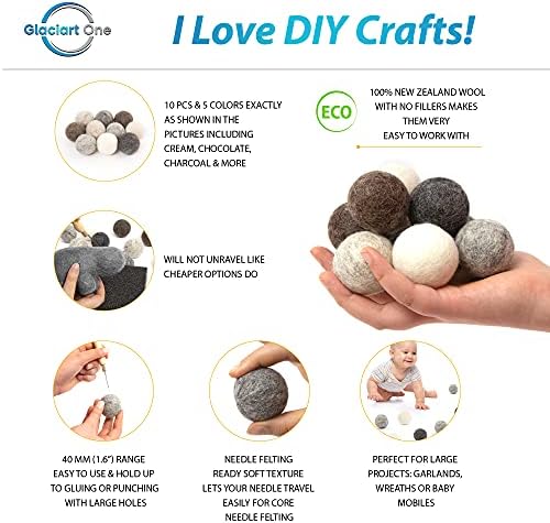 Glaciart One Felt Balls, Felt Pom Poms (10 Pieces) 4 Centimeters - 1.6 Inch, Handmade Felted 5 Natural Colors Balls for Cats, Felting and Garland - Image 2