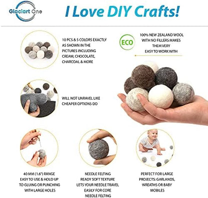 Glaciart One Felt Balls, Felt Pom Poms (10 Pieces) 4 Centimeters - 1.6 Inch, Handmade Felted 5 Natural Colors Balls for Cats, Felting and Garland - Image 2