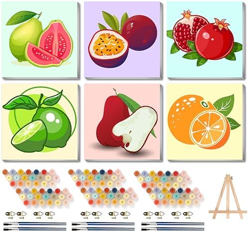 Canrichshop 6 Pack Paint by Numbers Kit for Adults & Kids Ages 4+ Framed-with Wooden Easel,Easy DIY Fruit Oil Painting on Canvas,Acrylic Paint by Number Beginner with Frame for Decor 8x8inch by Canrichshop