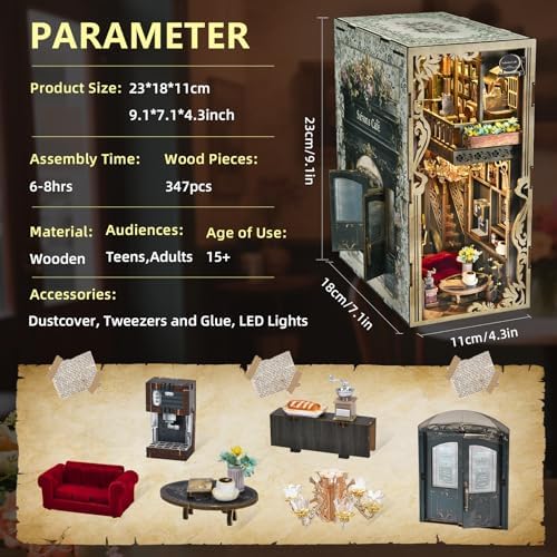 MiniCity Saisons Cafe Book Nook Kit, 3D Wooden Bookshelf Puzzle with LED - Image 3
