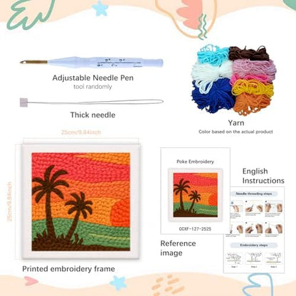 SDOYUNO Punch Needle Kit with Frame for Adults Beginners Kits 9.84 x 9.84 Inch Embroidery Starter Kits Punch Needle Kit with Sunset Beach Pattern, Threader, Yarns, Rug Punch, DIY Craft Kits (Green) - Image 2