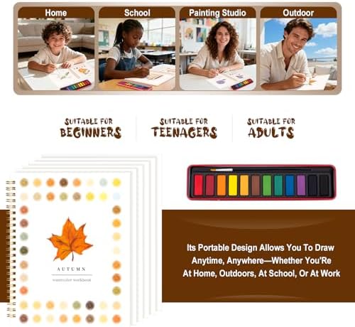 Watercolor Workbook for Adults, Beginner Friendly Watercolor Painting Kit Autumn Water Coloring Book, Nature-Themed Practice Art Gift Water Color Paint Book with Palette and Brush - Image 6