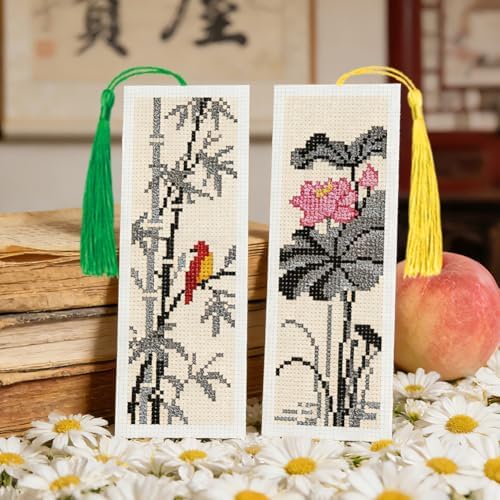 ACRNIGHEET 6PCS Cross Stitch Bookmark Kit for Beginner Chinese-Style Stamped Cross Stitch Kits Needlepoint Kit for Adults DIY Tassel Embroidery Bookmark Kits with Instructions Craft Gift 8.5"x3" 11CT - Image 5