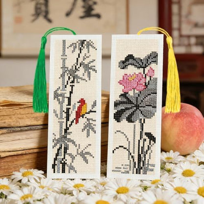 ACRNIGHEET 6PCS Cross Stitch Bookmark Kit for Beginner Chinese-Style Stamped Cross Stitch Kits Needlepoint Kit for Adults DIY Tassel Embroidery Bookmark Kits with Instructions Craft Gift 8.5"x3" 11CT - Image 5