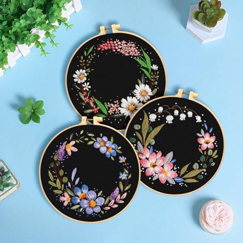 ERKOON 3 Sets Embroidery Kit, Floral Cross Stitch Set for Include Embroidery Cloth Hoops Threads for Craft Lover Hand Stitch (Garlands) - Image 2