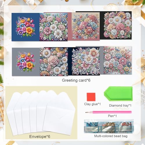 jinglinhh 6pcs Flower Clusters Diamond Art Painting Greeting Cards with Envelopes, DIY Card Making Kits for Adults, Diamond Art Postcards Holiday Cards Craft Gifts - Image 3