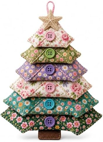 Layered Fabric Tree Ornament DIY Sewing Kit, Halloween Quilted Patchwork Seasonal Tree Kit with Button & Hanging, Festive Holiday Seasonal Handmade Art Kit for Adults Beginner(Flowers) by Unknown