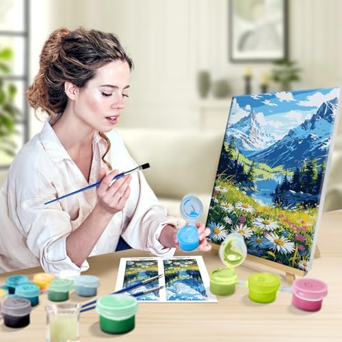 JOOZ Mountain Paint by Numbers Kit for Adults with Frame, Landscape Paint by Number with Easel, DIY Landscape Flower Adult Paint by Number Kits Framed Canvas for Home Wall Decor 8 x 12 Inch - Image 4