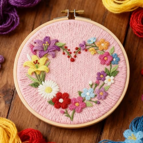 INFUNLY Punch Needle Kit for Beginners Adults Heart Floral Punch Needle Kits with Fabrics Floss Instruction Flower Wreath Needlepoint Embroidery Kits for Craft Lovers and Home Decor - Image 4