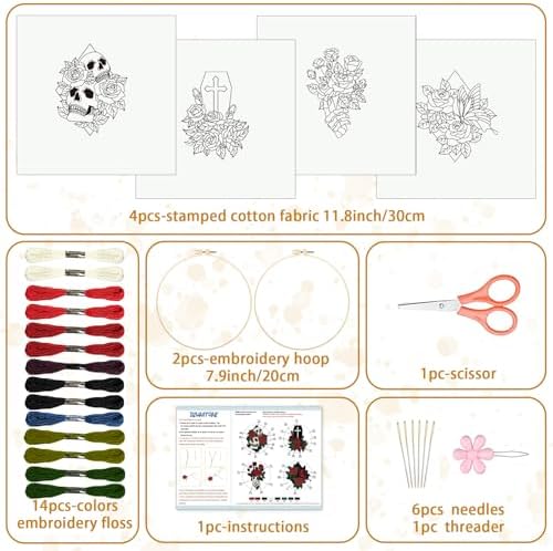 BEUNITONE 4 Set Halloween Skull Embroidery Kit for Beginners Include Hoops - Image 2