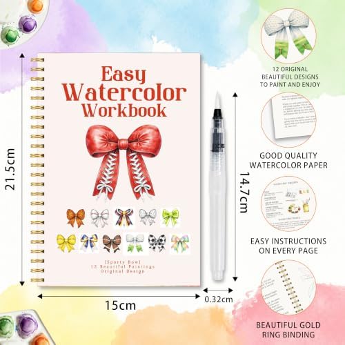 Sporty Lover Gift, Sports Bow Watercolor Workbook, Watercolor Painting Workbook with 12 Different Sports Bow Patterns, Sporty Water Coloring Book Set with Water Paintbrush for Beginners Boys Girls - Image 2