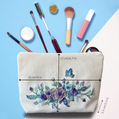 FONNUY Embroidery Kit Makeup Bag for Beginners, Flowers Pre-Stamped Pattern Handbag Coin Purses Making Kits for Adults with Hoop, Easy to Follow Color Thread Needlework (Blue) - Image 2