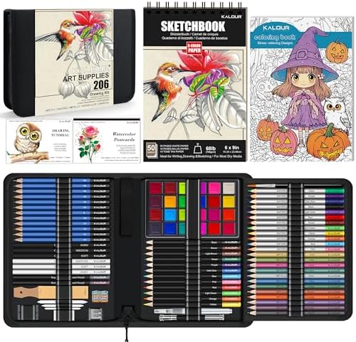 KALOUR 206 Drawing Set Sketching Kit,Art Supplies with 3-color Sketchbook & Coloring Paper,Include Tutorial, Colored, Graphite, Charcoal, Watercolor & Metallic Pencil,for Artists Adults Teens Beginner by KALOUR