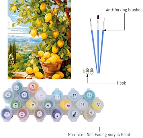 Clendo Lemon Paint by Numbers Kits for Adults, DIY Lemon Tree Adult Paint by Number Kits on Canvas, Digital Oil Number Painting for Home Decor (16x20 Inch) - Image 6