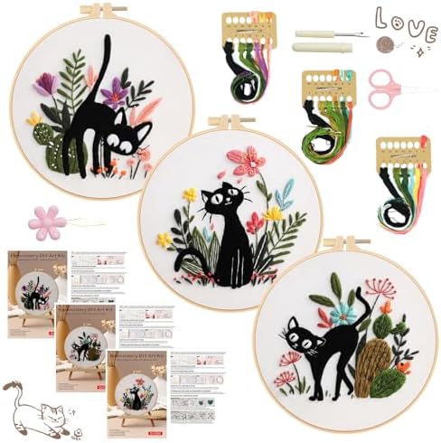3 Pack Cat Embroidery Kits for Beginners Adults, Starter Cross Stitch Kit by RIHYTFU