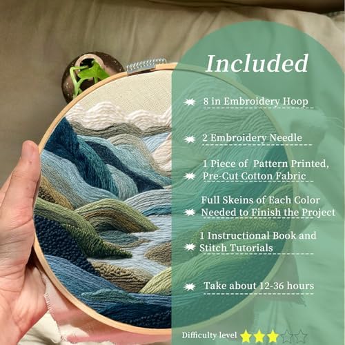 FONNUY Embroidery Kit for Beginners, Nature Hills Landscape Pre-Stamped Pattern Kits for Adults with Hoop, Easy to Follow Color Thread Needlework, 8'' Hoop (Green Hills) - Image 2