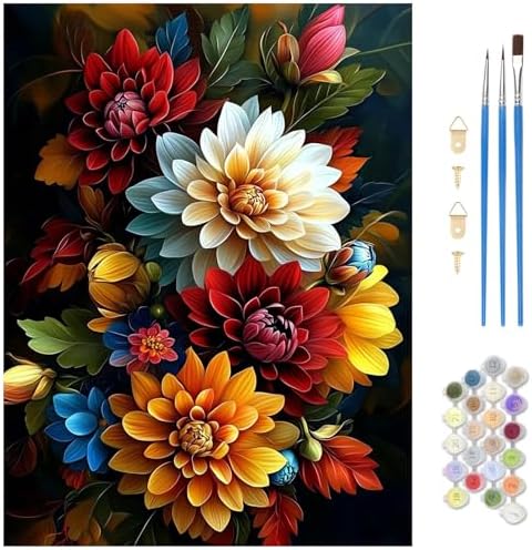 MAXBYE Flower Paint by Numbers Kit for Adults, Beautiful Dahlia Paint by Numbers Kits for Beginner, DIY Acrylic Color by Number on Canvas for Home Wall Decor Gift 12X16 Inch by MAXBYE