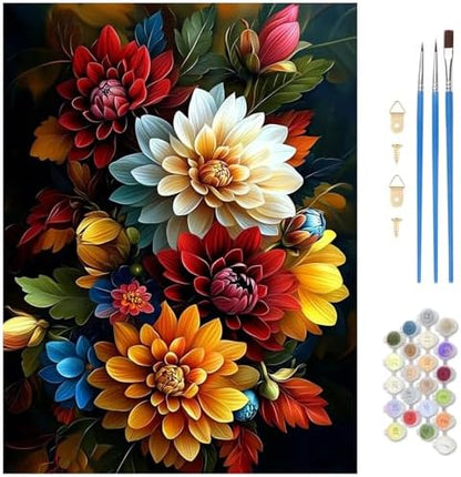 MAXBYE Flower Paint by Numbers Kit for Adults, Beautiful Dahlia Paint by Numbers Kits for Beginner, DIY Acrylic Color by Number on Canvas for Home Wall Decor Gift 12X16 Inch by MAXBYE