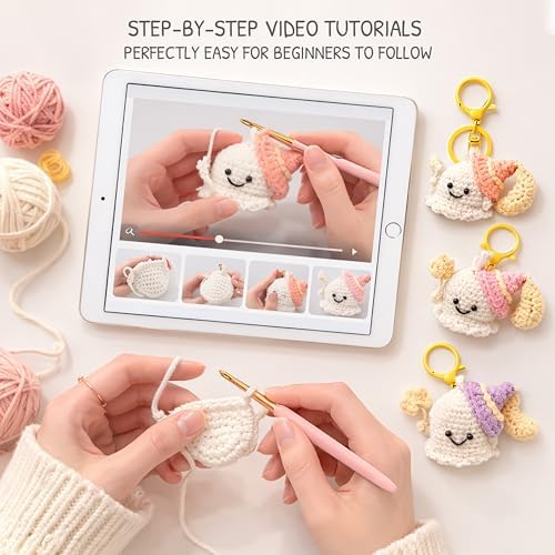 HOUSE CREATIVITY Crochet Keychain Kit for Beginners, Make 3 Mini Ghost Charms, Crochet Kits with Video Tutorial, Complete Set with Yarn, Hook & Keyring, Cozy Stress Relief Gift for Adults & Kids - Image 5