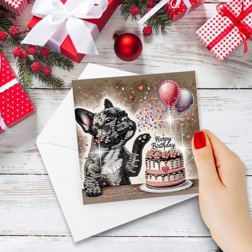 jinglinhh 6pcs Diamond Art Painting Happy Birthday Cake French Bulldog Puppy Chihuahua Dog Greeting Cards with Envelopes, DIY Card Making Kits for Adults, Diamond Art Postcards Christmas Cards Craft Gifts - Image 6