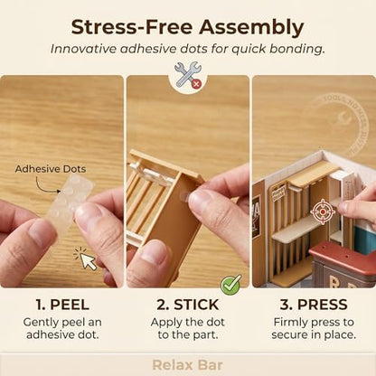 Relax Bar Miniature House Kit, Plastic DIY Dollhouse with Bar Counter & High Chairs, Stackable Transparent Dust Cover, Creative Desktop Decor for Adults Teens - Image 6