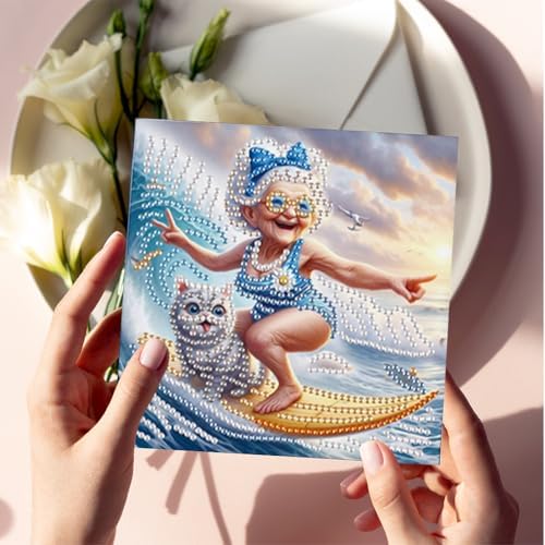 C'eitura 6Pcs Happy Old Lady Diamond Art Greeting Card Kit – DIY Rhinestone Painting Postcard Set for Christmas New Year Holiday Party Favors, Creative Craft Gift for Adults - Image 4