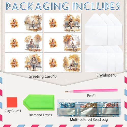 jinglinhh 6pcs Diamond Art Painting Autumn Park Bench Girl Greeting Cards with Envelopes, DIY Card Making Kits for Adults, Diamond Art Postcards Christmas Cards Craft Gifts - Image 3