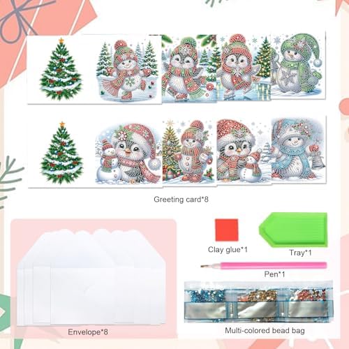 8pcs Christmas Diamond Painting Greeting Cards Christmas snowman & penguin, for Blessings and Wishes, Special Shape Crystal Partial Mosaic Making Craft, Paper Material, DIY Gifts for Holiday - Image 3