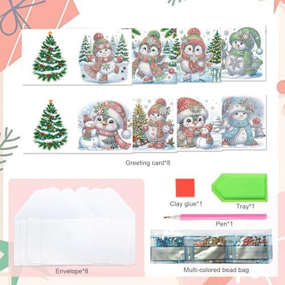 8pcs Christmas Diamond Painting Greeting Cards Christmas snowman & penguin, for Blessings and Wishes, Special Shape Crystal Partial Mosaic Making Craft, Paper Material, DIY Gifts for Holiday - Image 3