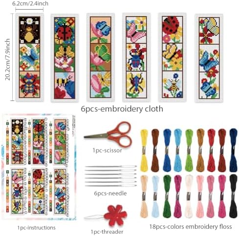 BEUNITONE 6 Pcs Insects Cross Stitch Bookmark Kits for Beginners Bookmark with Butterflies Dragonflies Pattern Counted Cross Stitch DIY Stamped Embroidery with Instructions for Book Lover 8''x2.4'' - Image 2