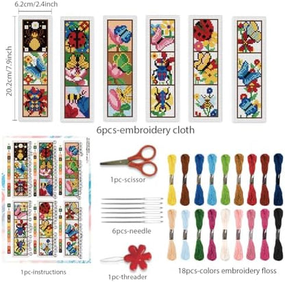 BEUNITONE 6 Pcs Insects Cross Stitch Bookmark Kits for Beginners Bookmark with Butterflies Dragonflies Pattern Counted Cross Stitch DIY Stamped Embroidery with Instructions for Book Lover 8''x2.4'' - Image 2