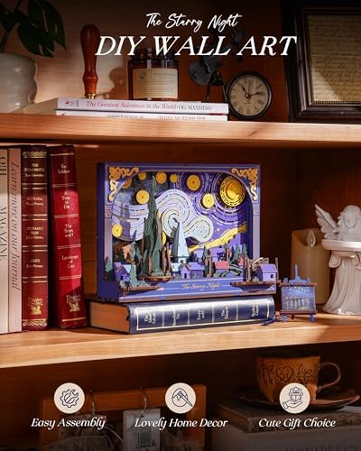 Rowood Starry Night 3D Puzzles for Adults,Mother's Day DIY Wooden Vincent Van Gogh Painting Artwork Craft Kit Building Set with LED,Home Decor Botanical Collection Gift for Family on Christmas - Image 3