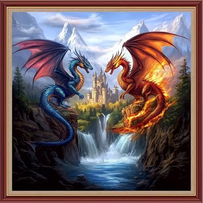 Dooxvey Cross Stitch Kits for Adults Beginners,Full Range of Cross-Stitch Stamped Kits Needlepoint Kits for Beginners Embroidery Kits 11CT Cross Stitch Patterns-Fire and Water Dragon Castle 18x18 inch by DooxveyStampedEmbroideryKit