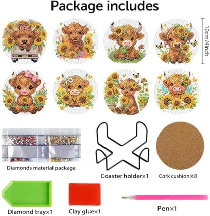8 Pcs Cow Diamond Painting Coasters with Holder, Highland Cow Diamond Painting Kits, Cute Cow Diamond Art Coasters, 5D DIY Full Drill Diamond Dots, Diamond Art Kits for Adults Crafts Supplies - Image 5