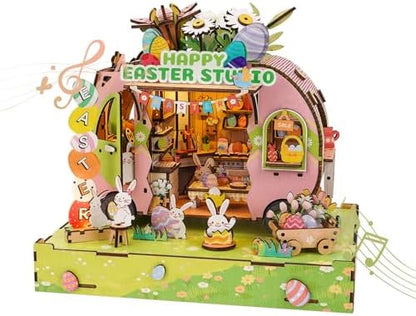 DIY Miniature House Kit (Easter Egg Truck) Tiny Dollhouse Kits for Adults to Build, Mini Model Kits with LED&Music Box, Wooden Adults Crafts Puzzles, Birthday Gifts for Family Friends by Cutywood
