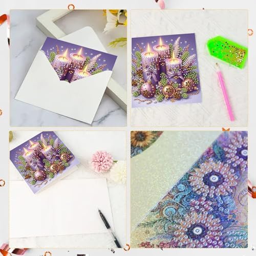 6Pcs Christmas Greeting Card DIY Diamond Art Painting Greeting Cards Blessing Folding Card Kit with White Envelopes Diamond Arts Crafts for Birthday Festival Gift-Purple - Image 6