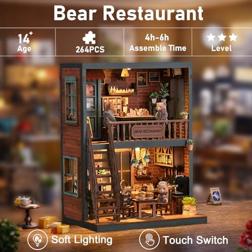 Book Nook Kit, DIY Miniature House Kit for Adult and Teens, 3D Wooden Puzzle Booknook Bookshelf Decor with LED Lights, Gift for Family, Friends, Age 14+ (Bear Restaurant) - Image 4
