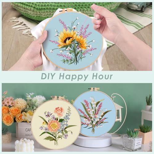 ERKOON Embroidery Kit for Beginners, 5 Sets Flower Cross Stitch Set for Adults Include Embroidery Cloth Hoops Threads for Craft Lover Hand Stitch with Skill Techniques (Bouquet) - Image 3