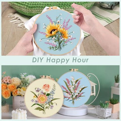 ERKOON Embroidery Kit for Beginners, 5 Sets Flower Cross Stitch Set for Adults Include Embroidery Cloth Hoops Threads for Craft Lover Hand Stitch with Skill Techniques (Bouquet) - Image 3