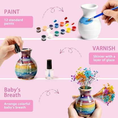 Mini Pottery Wheel for Kids - Pottery Painting Craft Kit with 2.3in Turntable, Clay, Flowers, Mess Free Arts and Crafts for Kid Ages 8-12, Birthday Christmas Gift Toy for Girls Ages 6-12+, Pink - Image 4