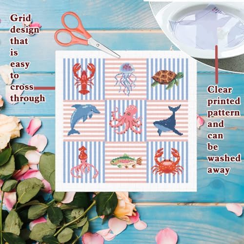 FREEBLOSS 11CT Cross Stitch Kits Striped Sea Animal Stamped Embroidery Kits with Instruction Cross Stitch Wall Hanging Kit for Needlepoint Adults Wall Art Decoration 18 * 18in/45 * 45cm - Image 3