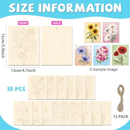 15 Pcs Unfinished Wood Crafts to Paint for Adults, 5.9x4.7 Inch Flowers Paintable Wood Slices Craft Supplies with Ropes, Bulk Predrilled Wooden Ornaments for DIY Painting Craft Decor - Image 2