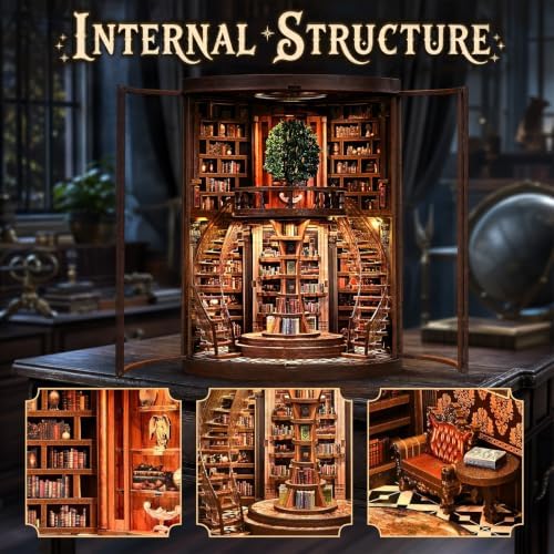 Book Nook Kit for Bookshelf —Tree of Wisdom Library 3D Wooden Puzzle, DIY Miniature Dollhouse with LED Lights, Fantasy Book Shelf Insert Decor (Tree of Wisdom Library) - Image 4