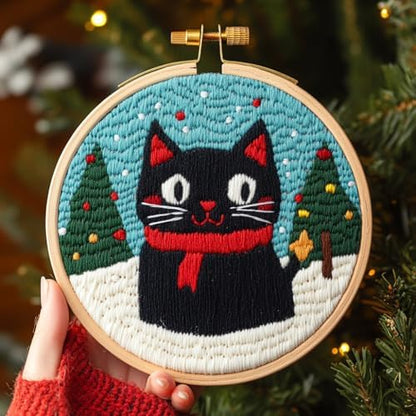 DIY Punch Needle Kits Black Cat with Christmas with Hoop 20x20cm-1 by Unknown