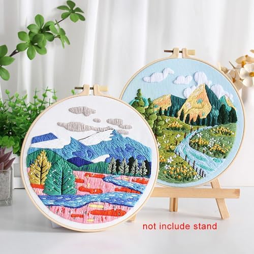 Konrisa 3 Pcs Landscape Embroidery Kits, Mountain Flower Village Pattern Cross Stitch Kit, DIY Sewing Practice Kits for Adults Home Decoration,Include Embroidery Cloth Threads and Needles,1pc Hoops - Image 6