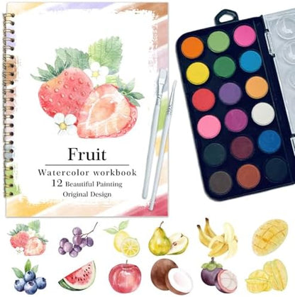 Watercolor Workbook, Water Coloring Book, 12 Different Patterns of Original DIY Designs, 18 Colors Watercolor Paint Set, Beginner-Friendly Watercolor Workbooks (Fruits), Perfect Gifts for Adults by Unknown